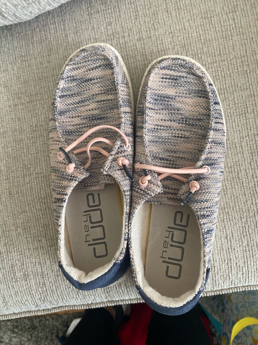 Hey Dude Women's Knit Moccasins in Beige, Navy, and Pink Accent